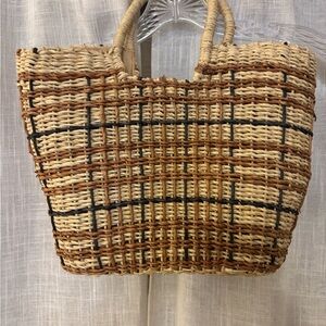 Woven Tote Bag - Brown and Blue